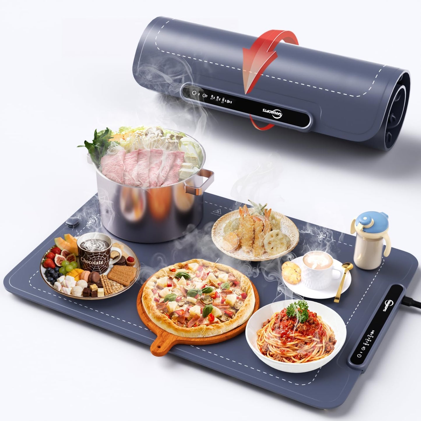 Food Warming Mat - Electric Warming Tray,Tempmaster Adjustable Warming Tray,Elevated Feet Protects Table, Roll-Up Buffet Hot Plates Heat Pad, Portable Food Warmer for Parties and Travel (Beige)