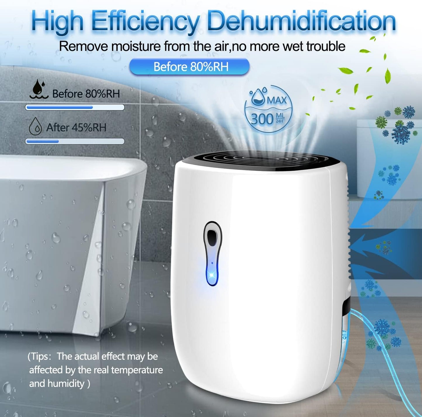Dehumidifiers for Home 27oz(800ml), Small Auto Shut off with Drain Hose | Portable Ultra Quiet Mini Dehumidifier for Bathroom, Basement, Garage, RV, Gun Safe, Closet, Quiet Moisture Absorber