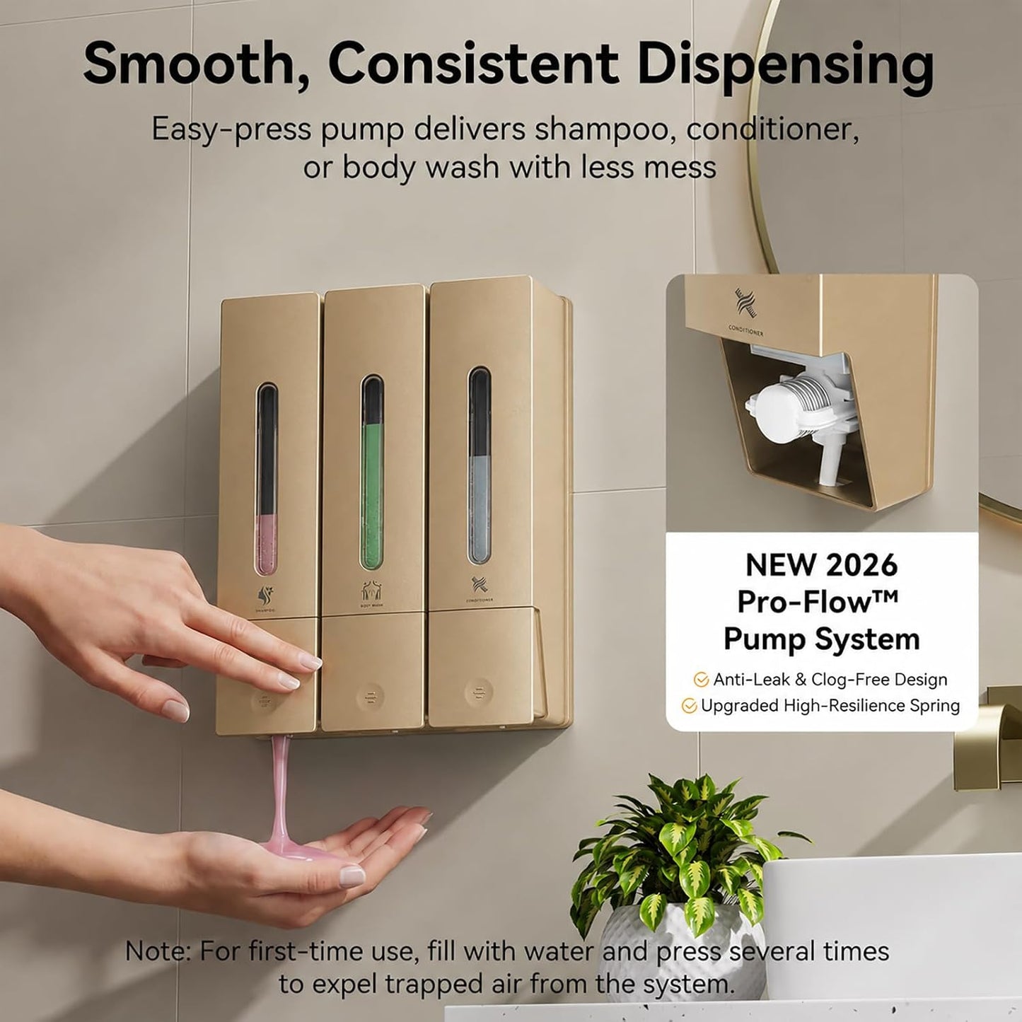 Shampoo and Conditioner Dispenser - Wall-Mounted 3-Chamber Shower Soap Dispenser, No-Drill, 1200ML Capacity, for Bathroom & Hotel