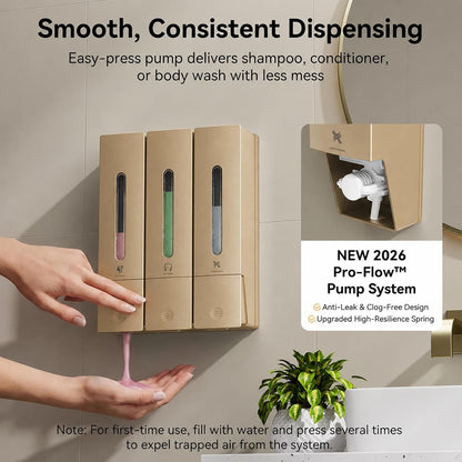 Shampoo and Conditioner Dispenser - Wall-Mounted 3-Chamber Shower Soap Dispenser, No-Drill, 1200ML Capacity, for Bathroom & Hotel