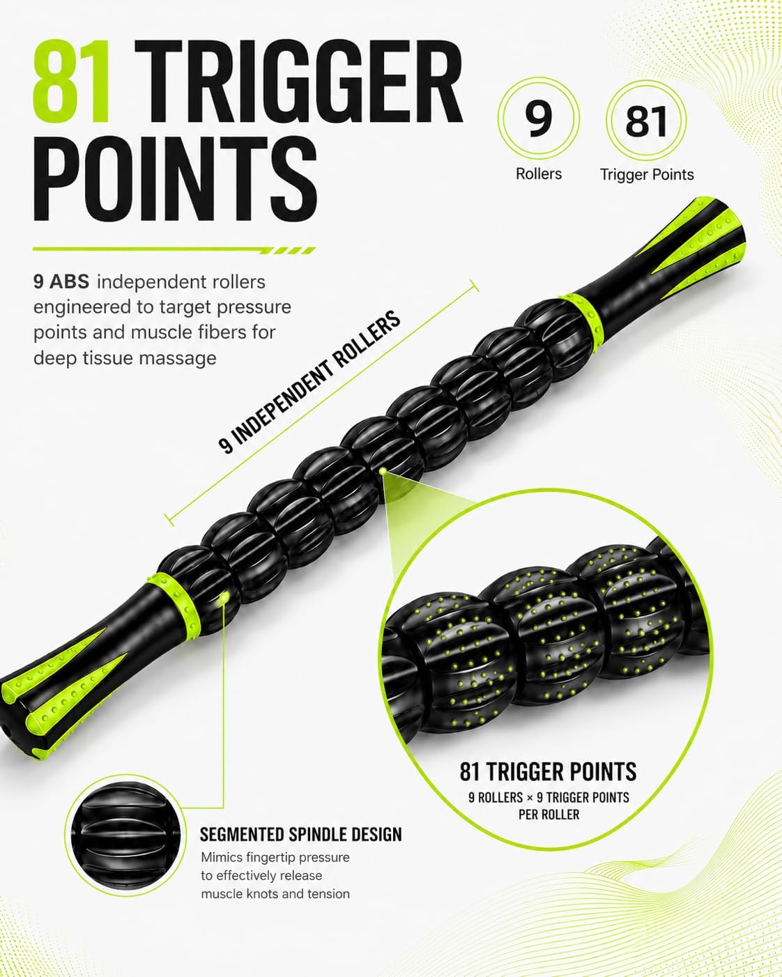 Massage Roller Stick for Muscles Deep Tissue, Portable Muscle Roller with 9 Independent ABS Rollers, 81 Contact Points, Dual-Grip Handles for Gym & Home Use