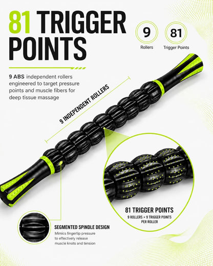 Massage Roller Stick for Muscles Deep Tissue, Portable Muscle Roller with 9 Independent ABS Rollers, 81 Contact Points, Dual-Grip Handles for Gym & Home Use