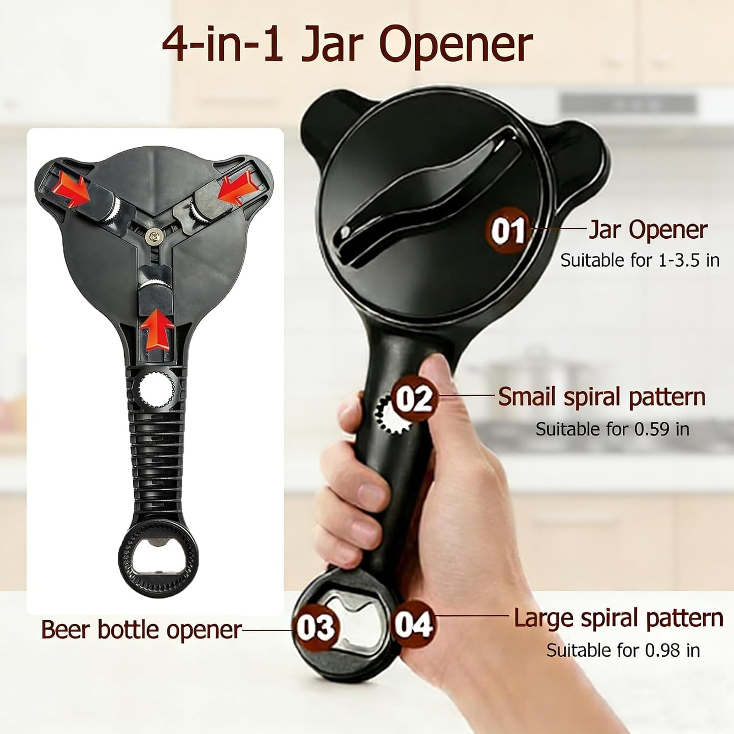 4-in-1 Jar Opener for Weak Hands, Adjustable Lid & Bottle Opener Black | Ergonomic non-slip grip for arthritis hands, opens jars bottles cans, adjustable multi-size lid remover, durable kitchen tool