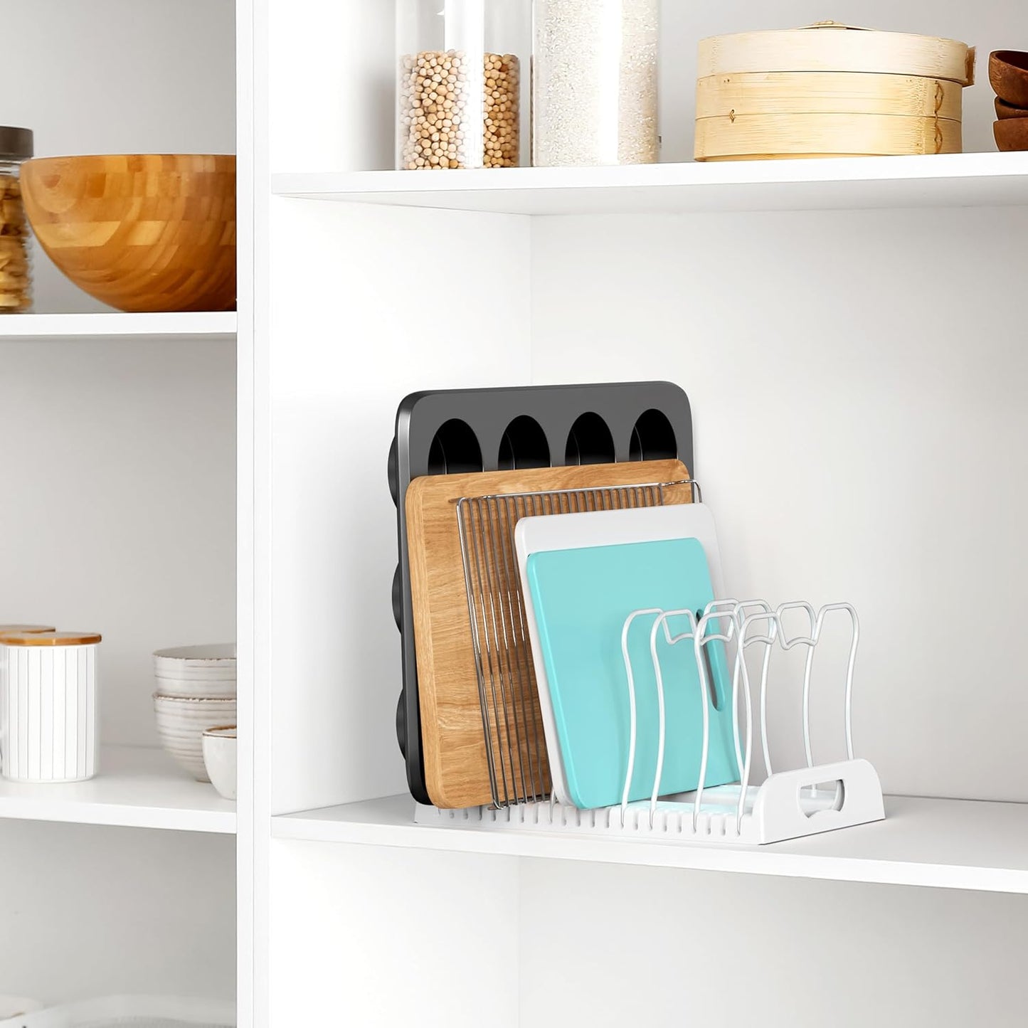 Simple Houseware Expandable Pan Rack 10 Adjustable Compartments, White | Kitchen Cabinet Organizer for Pots, Pans, Lids & Bakeware - Pantry & Countertop Storage