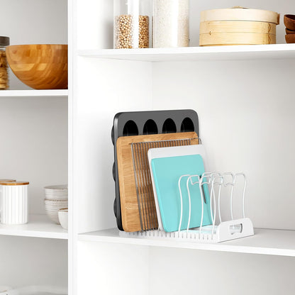 Simple Houseware Expandable Pan Rack 10 Adjustable Compartments, White | Kitchen Cabinet Organizer for Pots, Pans, Lids & Bakeware - Pantry & Countertop Storage