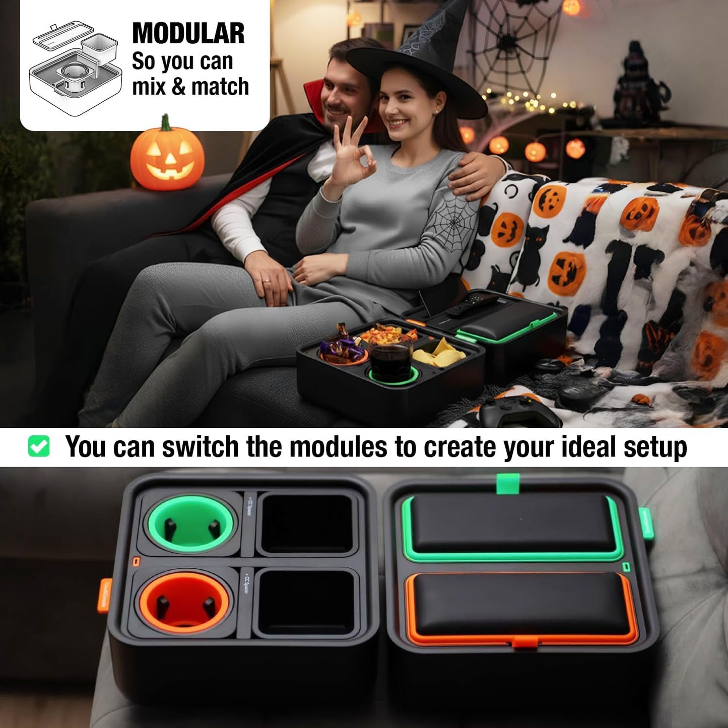Original Tray - Drinks & Snacks Sofa Caddy with Armrest, Table with Phone Stand- TV Remote Control Storage and Organizer - for Living Rooms, RV, and Cars, Black/Green