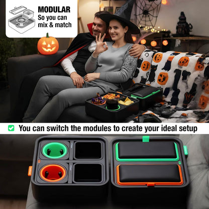 Original Tray - Drinks & Snacks Sofa Caddy with Armrest, Table with Phone Stand- TV Remote Control Storage and Organizer - for Living Rooms, RV, and Cars, Black/Green