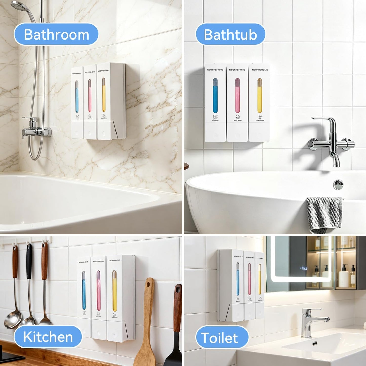 Shower Soap Dispenser Bathroom Accessories Set Wall Mounted No Drill | 3 Chamber Body Wash Shampoo and Conditioner Dispenser 1200ml Shampoo Bottles Holder Refillable with Pump for Hotel RV Laundry