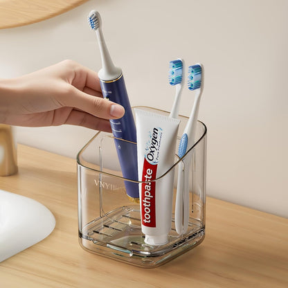 3 Slots Toothbrush Holders with Detachable Dividers for Bathrooms | Toothbrush Holder Wall Mounted with Drip Tray, Electric Tooth Brush and Toothpaste Holder Organizer for Bathroom Countertop