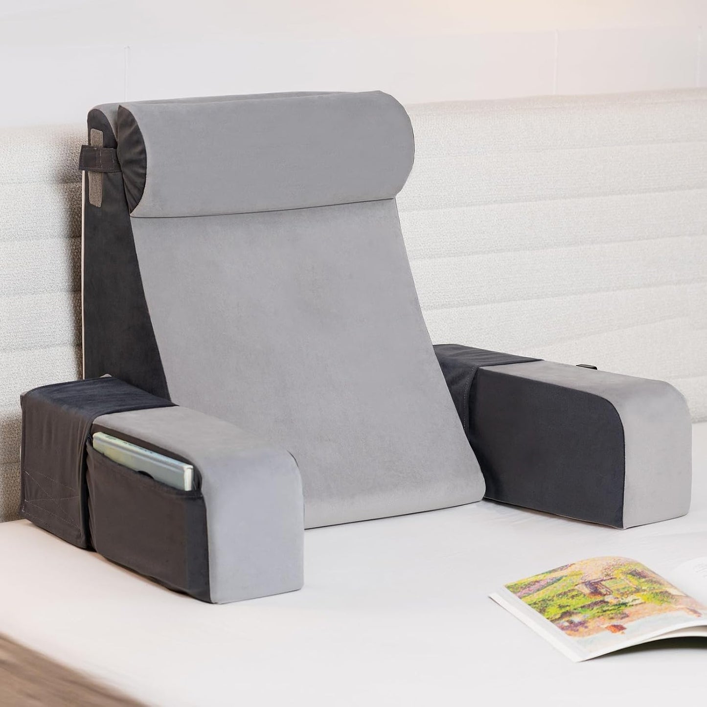 Vekkia 21" Reading Pillow for Bed with Adjustable Arms and XL Side Pockets | 60° Wedge Back Support, Washable Cover, Support Chair for TV, Gaming, Working, Nursing, Recovery in Bed & Floor, Black/Gray