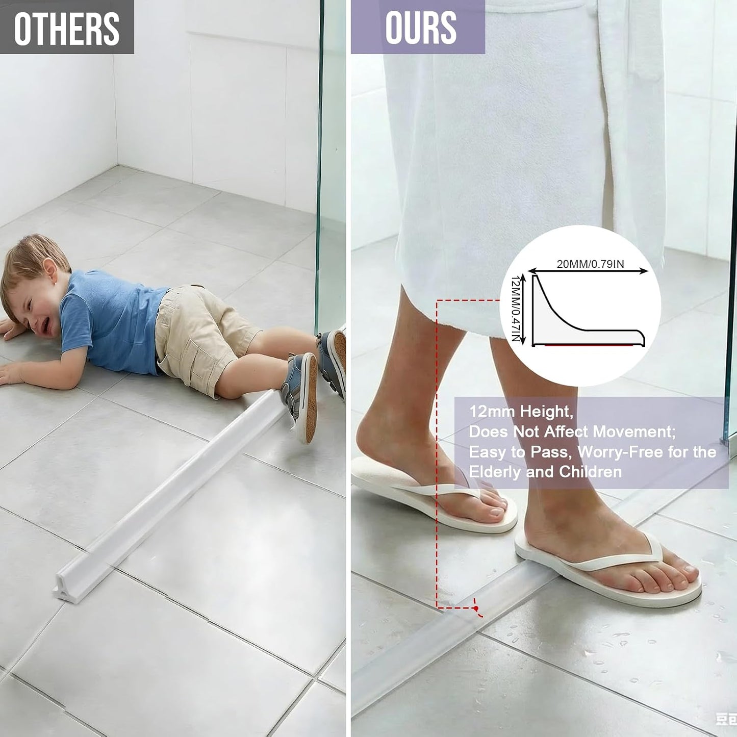 Shower Threshold Water Dam Barrier - Versatile, Silicone Shower Water Guard Stopper Seal Strip for Bathroom Floor, Bathtub Rim, Kitchen Countertop (White, 59 In/ 1.5M)