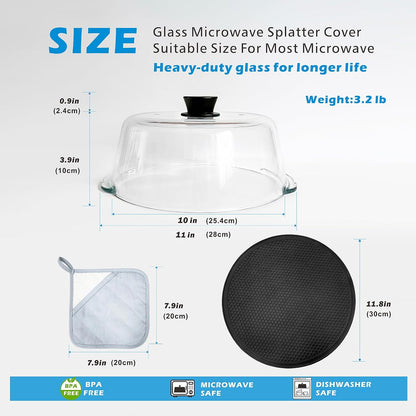 Glass Microwave Splatter Cover with Glove & Mat for Food, 4 Vents Guard Lid | No Plastic, Food Grade, BPA Free, Easy Grip Silicone Knob, 3.9in Tall for Bowl Covers, Serving Dish Cover, Dishwasher Safe