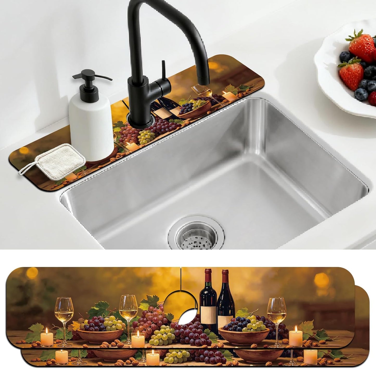 2Pcs Peonies Kitchen Sink Splash Guard Faucet Mat Vintage Florals Faucet Mat For Bathroom Kitchen 5.5x23.6In