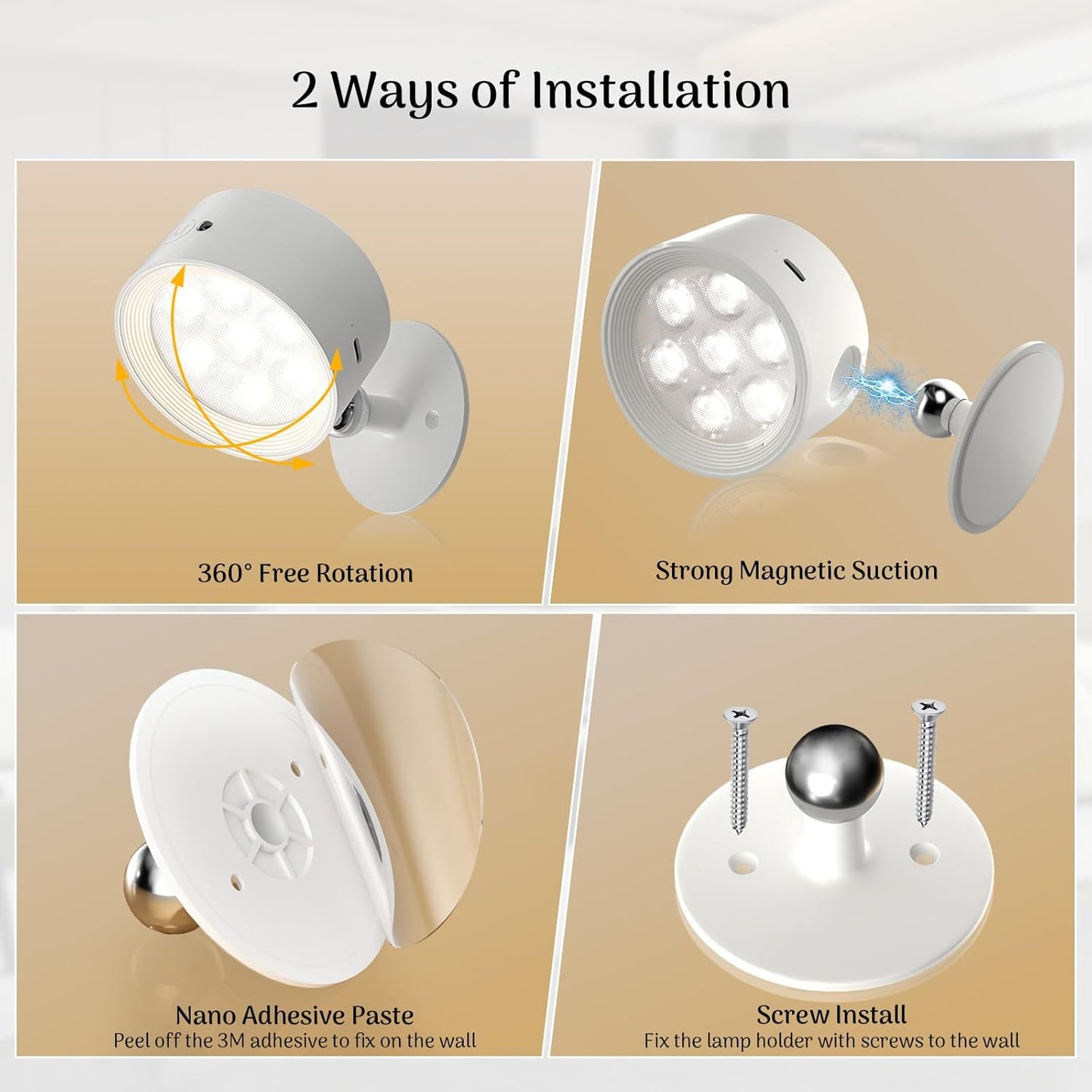 Rechargeable Wall Sconce 2 Pack, Remote & Touch Control, Dimmable | 3 Color Temps, Wireless LED Wall Lights, Magnetic Reading Light, 360° Rotating Wall Lamps for Bedroom Bedside, Living Room