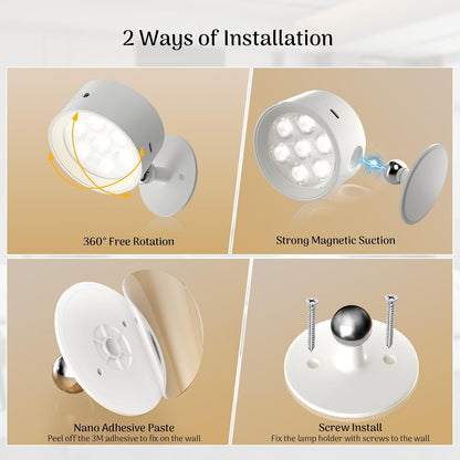 Rechargeable Wall Sconce 2 Pack, Remote & Touch Control, Dimmable | 3 Color Temps, Wireless LED Wall Lights, Magnetic Reading Light, 360° Rotating Wall Lamps for Bedroom Bedside, Living Room