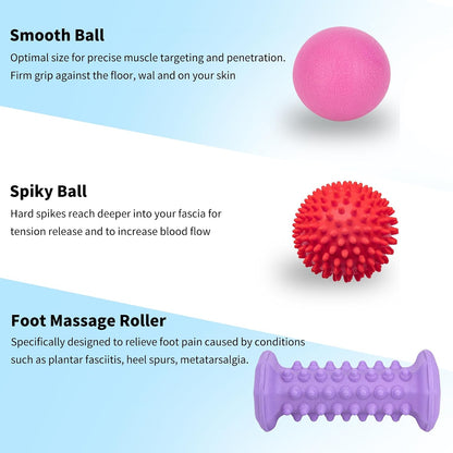 Foot Massager Roller Set for Plantar Fasciitis, Arch and Heel Pain Relief | Includes Foot Roller, lacrosse and spiky massage balls for deep tissue trigger point muscle therapy and neuropathy relief