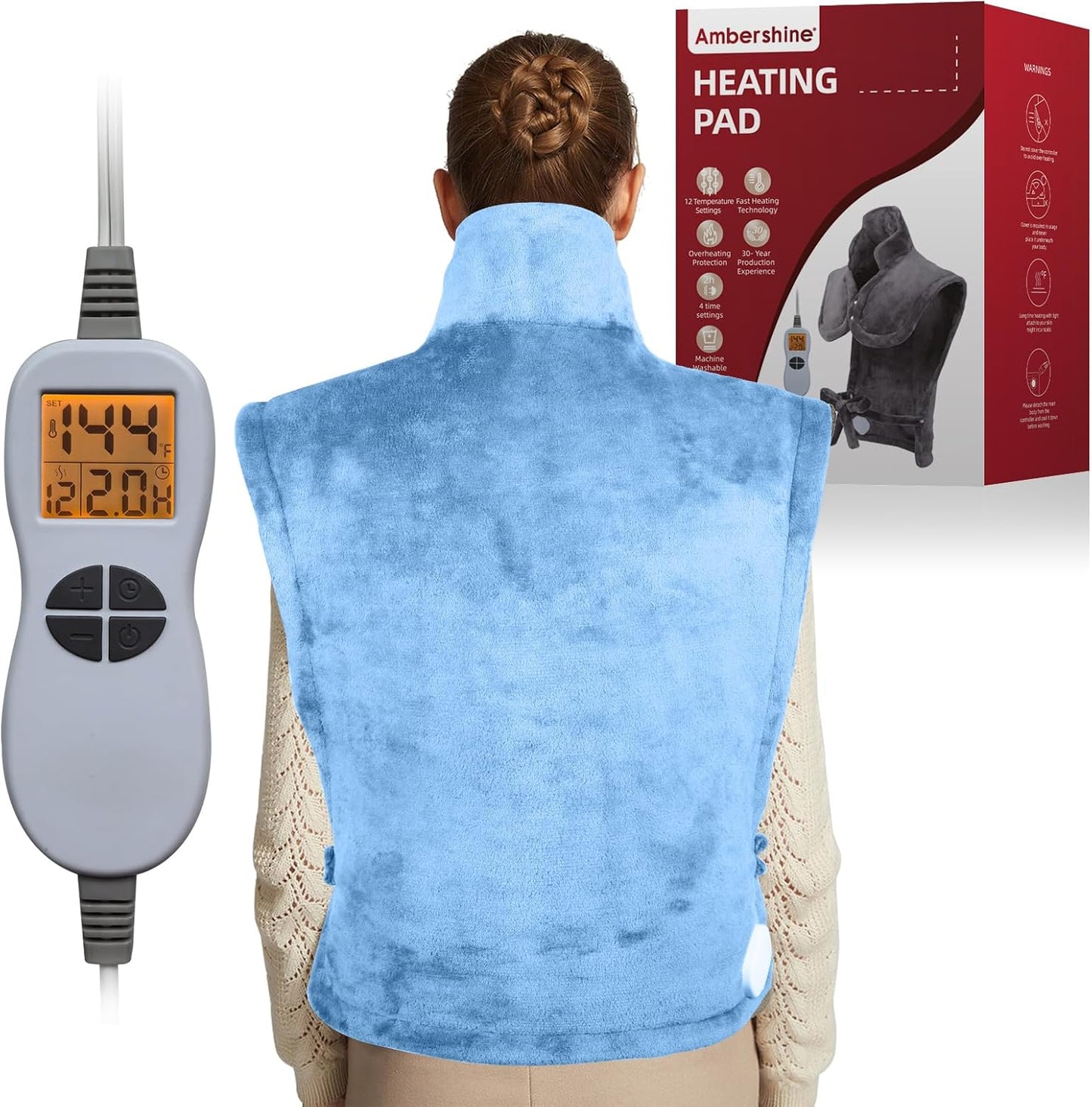 Ambershine 19''x24'' Weighted Neck & Shoulder Heating Pad, 2.5lbs with 12 Temperature Settings& 4 Auto-Off Timers, Pain Relief for Neck/Shoulder/Back(Gray&Blue)