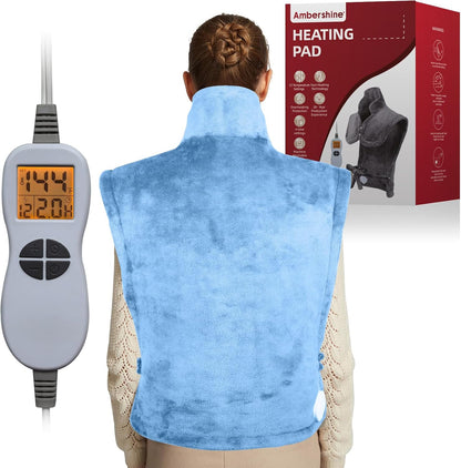 Ambershine 19''x24'' Weighted Neck & Shoulder Heating Pad, 2.5lbs with 12 Temperature Settings& 4 Auto-Off Timers, Pain Relief for Neck/Shoulder/Back(Gray&Blue)