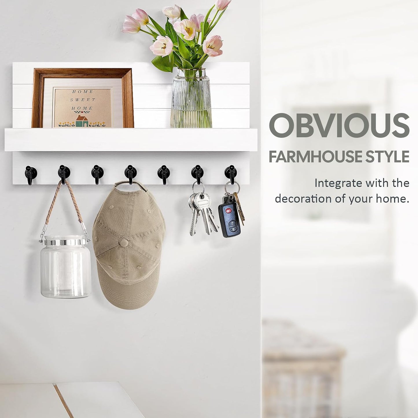 HONJIN Key Holder Wall Mount with Shelf and 5 Sturdy Key Hooks (White) | Key and Mail Holder Wall Mount, Wooden Entryway Organizer and Decorative, Easy Installation, 10*3.8*6.85 Inch
