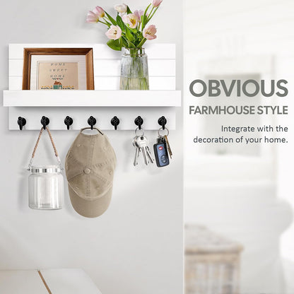 HONJIN Key Holder Wall Mount with Shelf and 5 Sturdy Key Hooks (White) | Key and Mail Holder Wall Mount, Wooden Entryway Organizer and Decorative, Easy Installation, 10*3.8*6.85 Inch