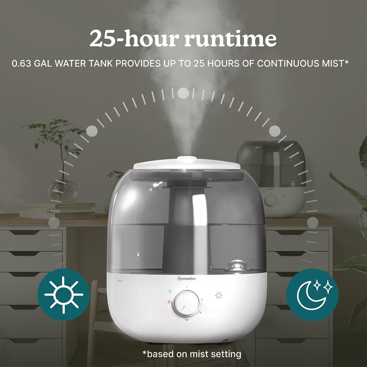 Homedics Ultrasonic Top Fill 0.63-Gallon Humidifier, Cool Mist | 360° Nozzle, Up to 25 Hour Runtime, for Large Room, Bedroom, Nursery, Plants 442 sq. ft