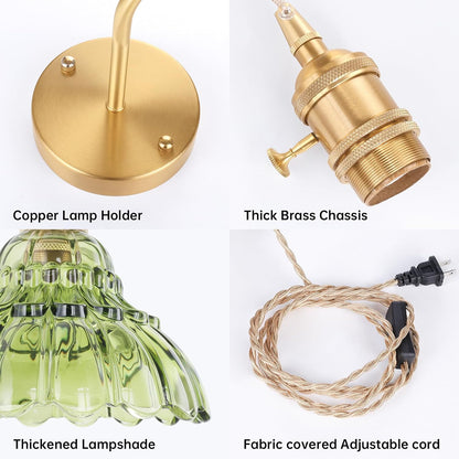 Shenmoyl Battery Operated Wall Sconce Wall Lamp with Green Lily of the Valley Shade Pattern Glass Adjustable Chain Retro Gold Wall Mounted Light, Modern Wall Lamp Fixtures Decor for Bedside Bedroom