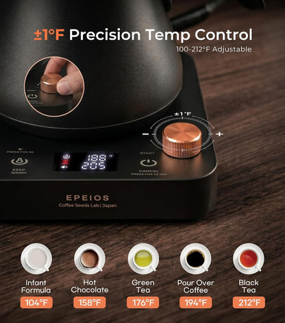 Epeios Electric Kettle, Gooseneck Electric Kettle with ±1°F Temperature Control, 1200W Rapid Heating for Pour Over Coffee & Tea, 304 Stainless Steel Interior, Auto Shut-Off, 0.9L, Black | Rapid Heating, Precision Pour-Over for Coffee & Tea,Smart Hot
