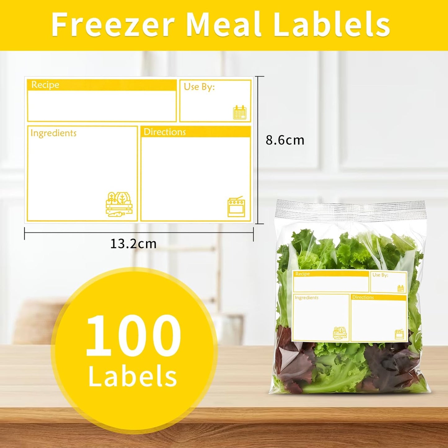 100pcs Labels for Freezer Bags Freezer Meal Labels with Instructions 3.2 X 5 inch Oil and Water Resistant Labels Food Labels for Freezer Storage for Leftovers in Fridge Removable Freezer (Blue)