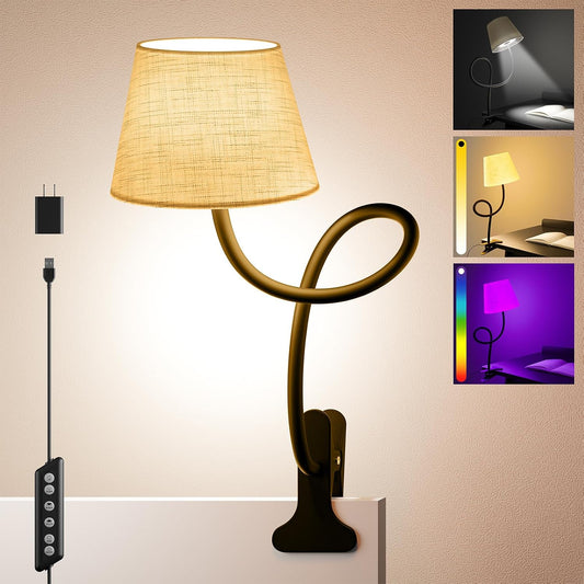 Clip on Bedside Lamp with Fabric Shade, Dimmable Reading Light 10-Level Brightness Memory, RGB & 3 Color Temperatures, Flexible Gooseneck Clip Lamp for Headboard Desk Dorm, Adapter Included