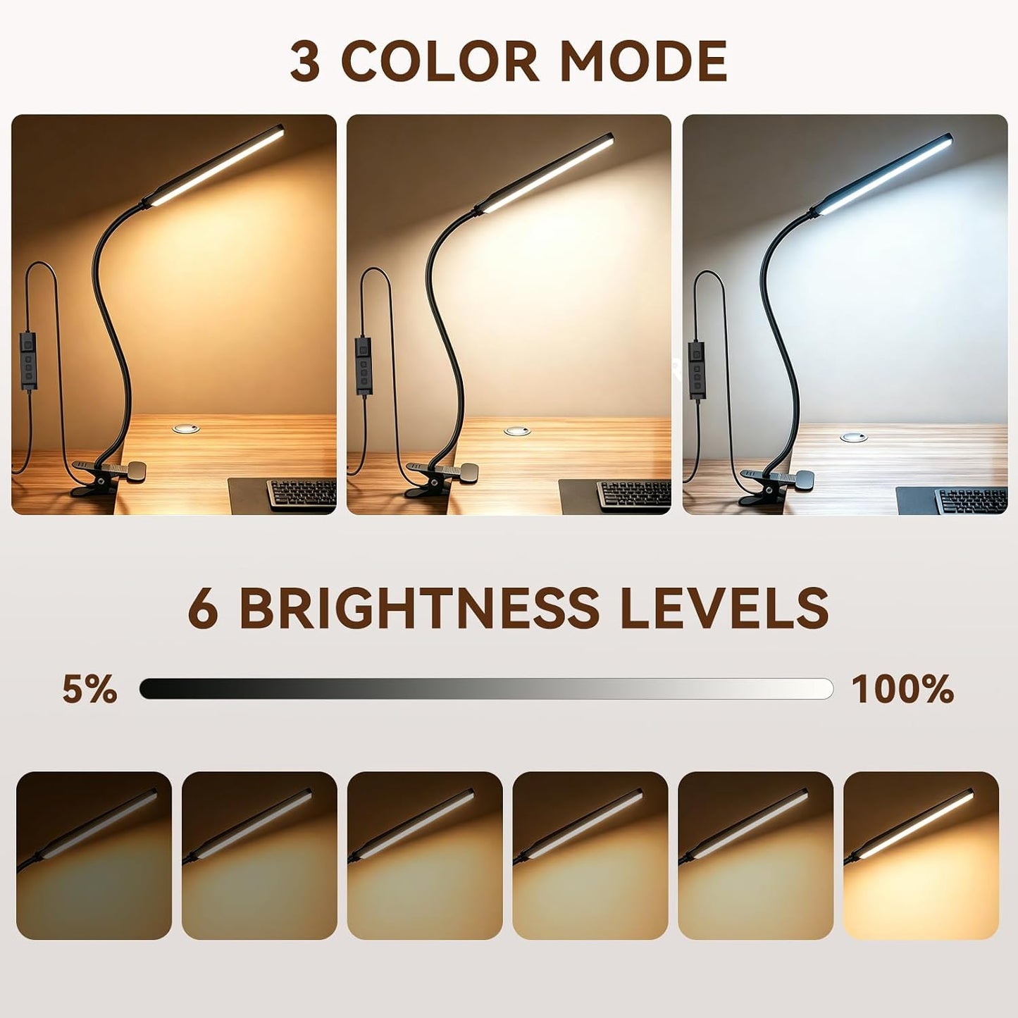 Clip on Desk Lamp, 5W LED Reading Light, 400 Lumens Book Light, 3 Color Modes 6 Brightness Levels, USB Powered Adjustable Neck Lamp for Desk, Bedside, Study, Office
