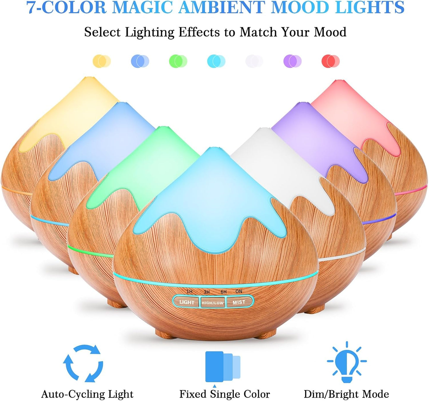 500ML Essential Oil Diffuser, Aromatherapy Diffuser with Remote Control, Multifunctional Air Diffusers for Home Office Room, Fragrance Aroma Diffuser with 7 Color LED & 2 Mist Mode, Brown