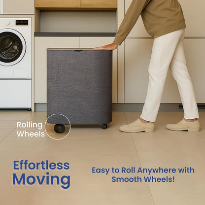 Dual Section 90L Laundry Basket with Wheels and Lid – Tall divided Double Laundry Hamper with 2 Removable Washable Bags, Large Laundry Sorter for Easy Clothes Separation