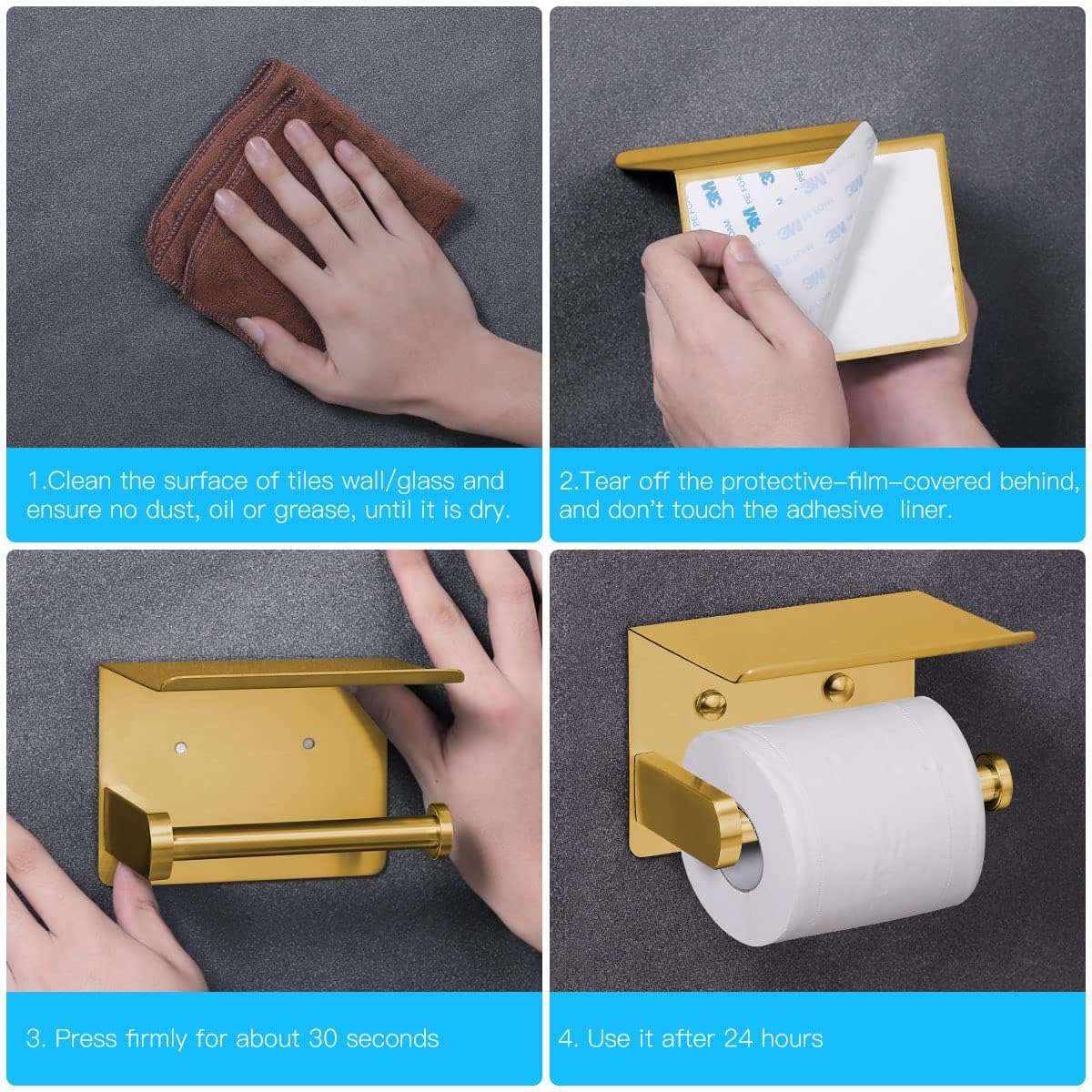 VAEHOLD Self Adhesive Toilet Paper Holder with Phone Shelf Stainless Steel Wall Mounted Toilet Paper Roll Holder - Rustproof and Bathroom Washroom Tissue Roll Holder with Shelf - Black