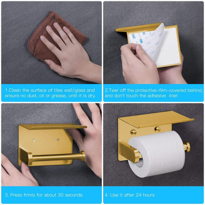 VAEHOLD Self Adhesive Toilet Paper Holder with Phone Shelf Stainless Steel Wall Mounted Toilet Paper Roll Holder - Rustproof and Bathroom Washroom Tissue Roll Holder with Shelf - Black