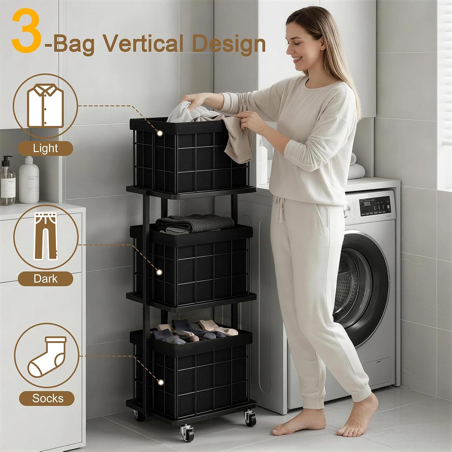 120L Vertical Laundry Sorter,3 Tier Metal Rolling Laundry Basket | Slim Tall Laundry Hamper 3 Section with wheels and 3 Removable Bags for Small Spaces, Dorm, Bathroom, Laundry Room, White