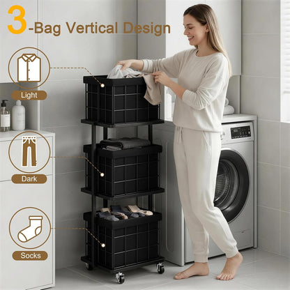 120L Vertical Laundry Sorter,3 Tier Metal Rolling Laundry Basket | Slim Tall Laundry Hamper 3 Section with wheels and 3 Removable Bags for Small Spaces, Dorm, Bathroom, Laundry Room, White