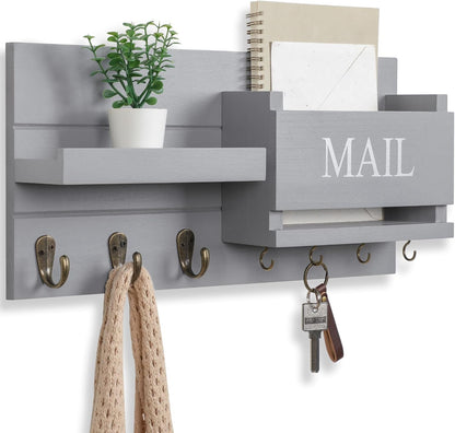 Lwenki Mail Organizer for Wall Mount – Key Holder with Shelf Includes Letter Holder and Hooks for Hallway Farmhouse Decor – Rustic Wood with Flush Mounting Hardware (16.5” x 9.1” x 3.4”) (White)