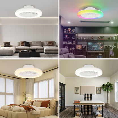 18.9" RGB Flush Mount Ceiling Fan with Light, 6 Speeds 3 Colors | Indoor Ceiling Fan · RGB+3CCT Dimmable · App/Remote Control · Quiet DC · 6-Speed Reversible · Flush Mount 18.9" · Kids Room