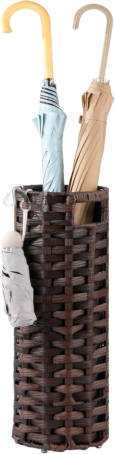 Rattan Umbrella Stand, Umbrella Holder for Entryway, Hand Woven Umbrella Rack Organizer Freestanding, with a Detachable Drip Tray, 4 Hooks, 7.5" L x 7.5" W x 16.5" H