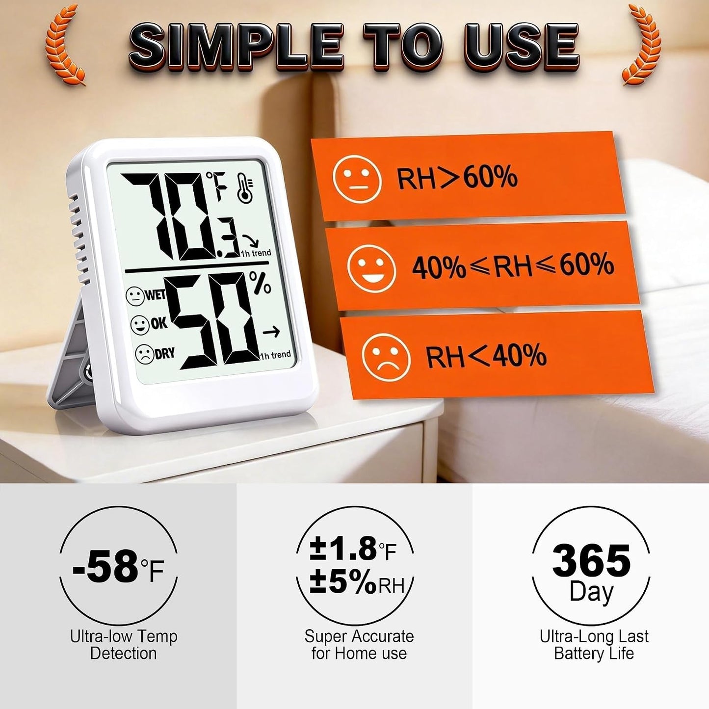 Room Thermometer Indoor Hygrometer Digital Humidity Meter | Accurate Sensor, Fast Refresh, Big Digits, Easy to View, ℉/℃, w/ AAA Battery, Compact for Home, Office, Pet, Plant