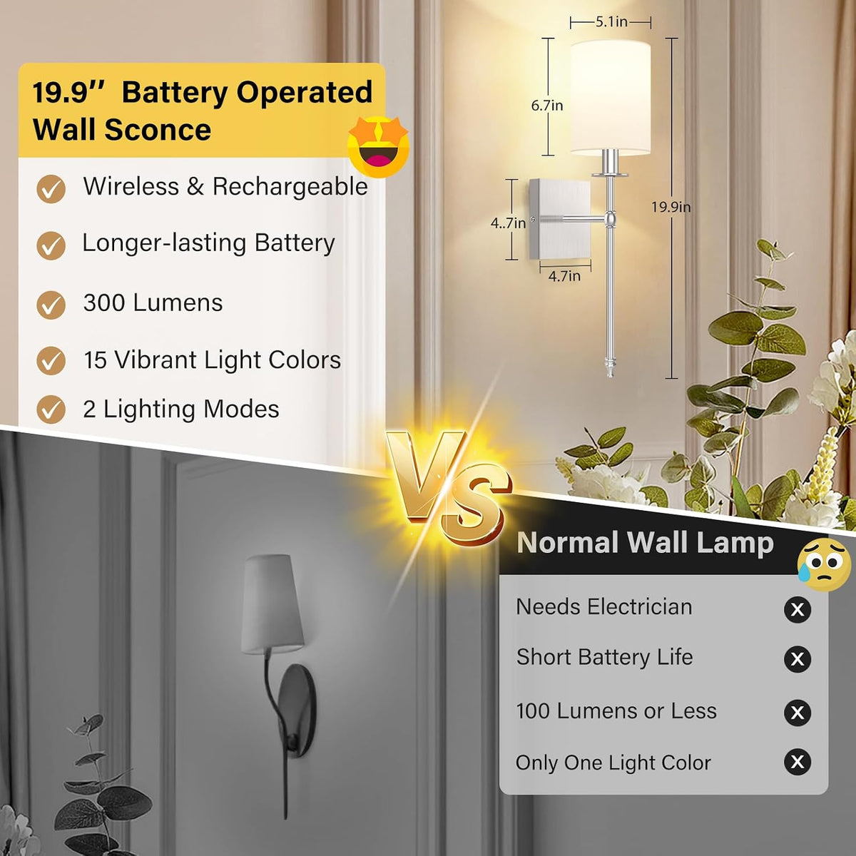 Battery Operated Wall Sconces Set of 2, Rechargeable Sconces with Remote
