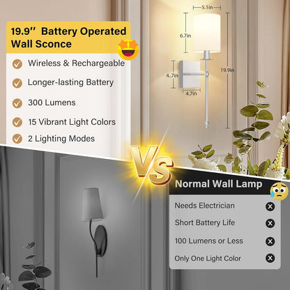 Battery Operated Wall Sconces Set of 2, Rechargeable Sconces with Remote