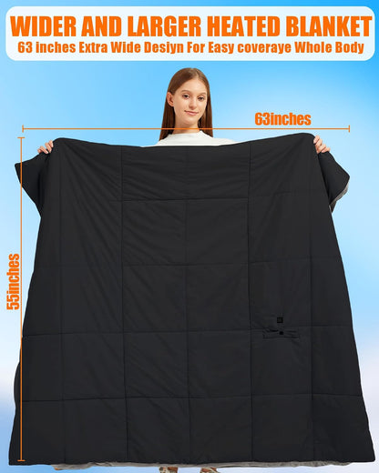 20000mAh Large Heated Blanket Battery Powered, 7.4V Battery Portable Cordless Throw Electric Rechargeable Heating Blankets (Black+20000mAh Battery, 63x55in Adult Size)