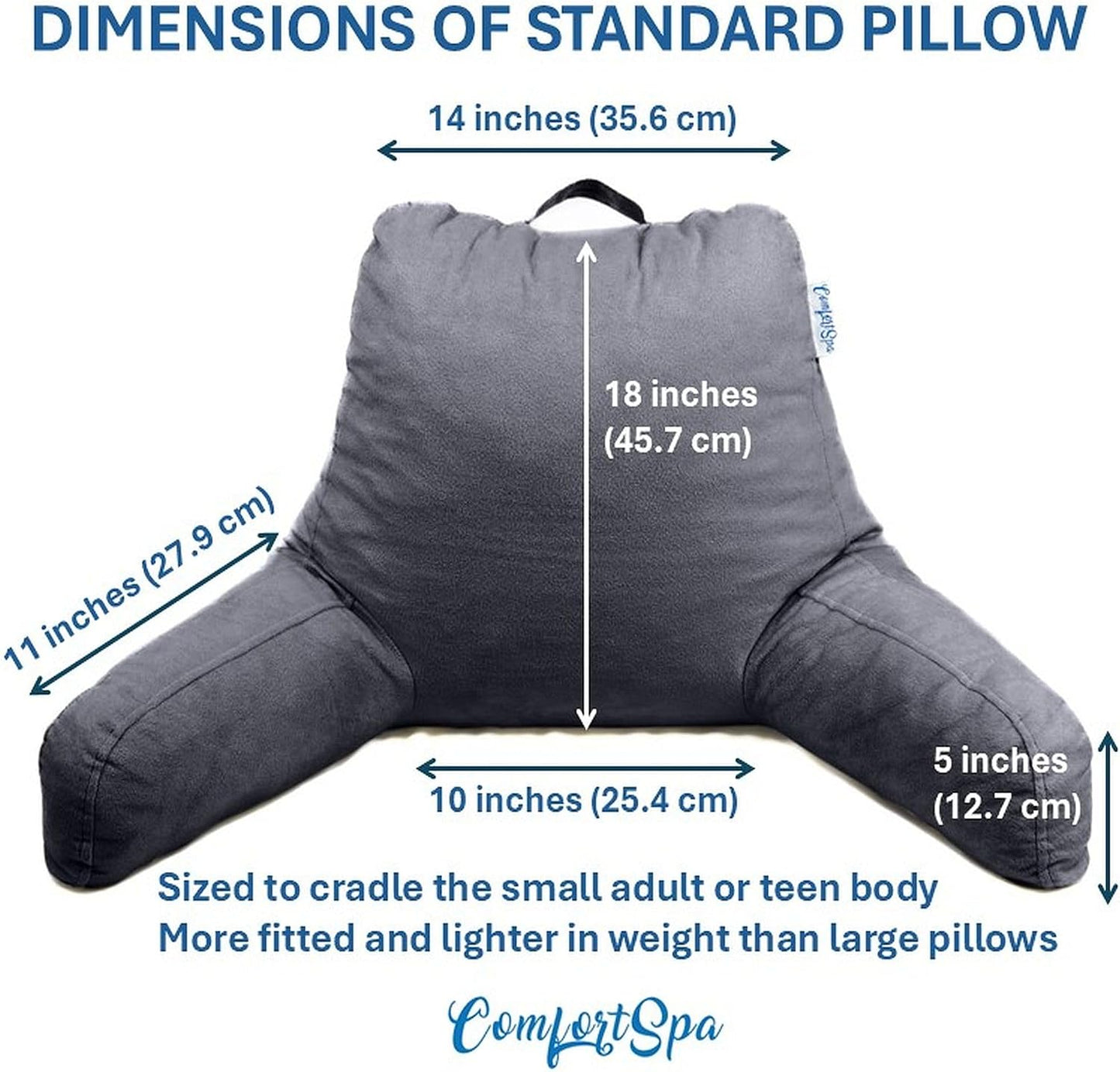 Reading Pillow for Bed with Arms Pockets for Adults, Large Grey | Bed Pillow for Sitting Up for Nursing, Breast Feeding, Bedrest or Relief from GERD or Heartburn; Removable, Washable Cover