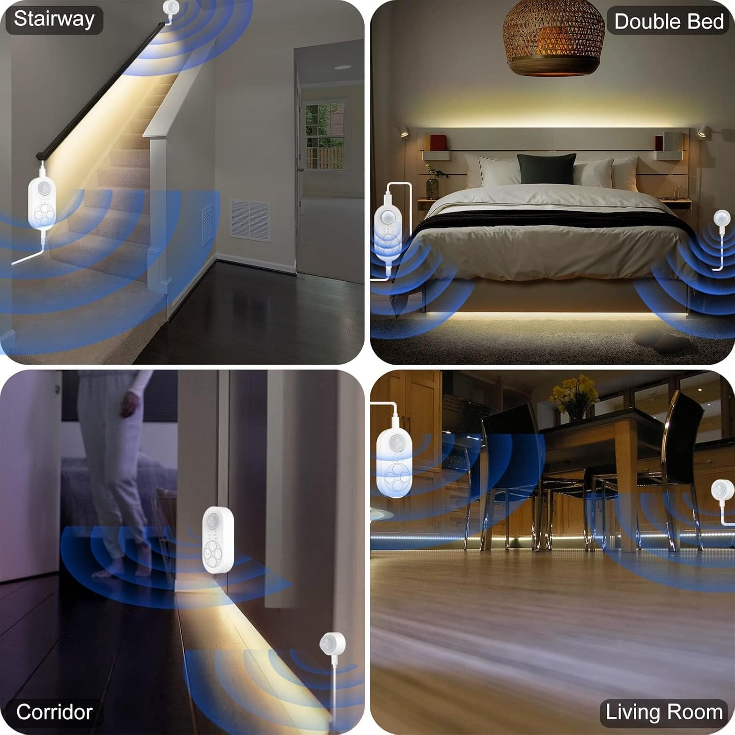 Dual Sensor Stair Light Strip, Double Motion Activated Sensor LED Strip Lighting for Stairway (Warm White 3000K (16.4FT Light Strip), Power Adapter (4.92FT Cable) + 16.4FT DC Cable)