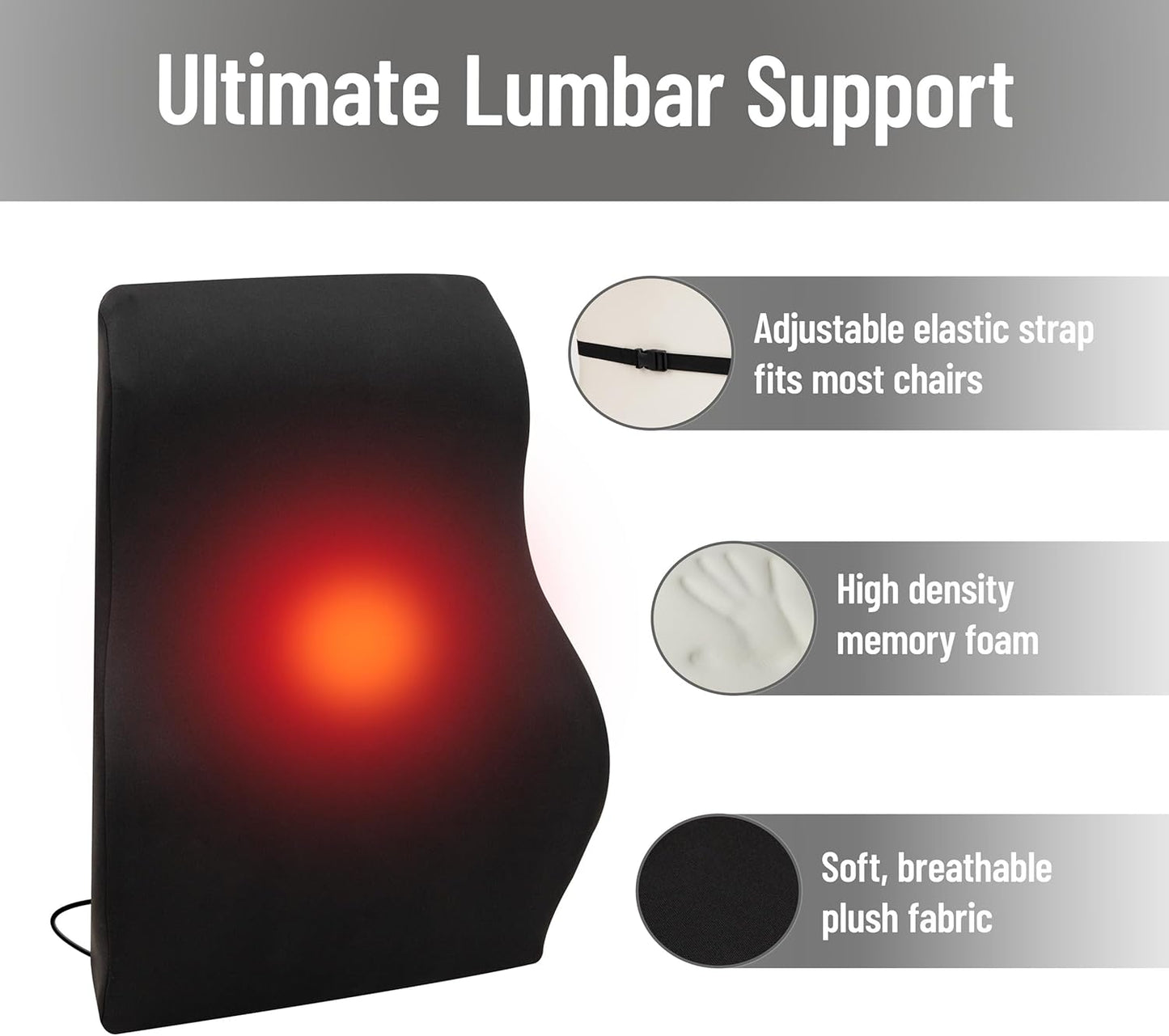 Mind Reader Heated Lumbar Support Cushion with Gentle Heat and Timer, Memory Foam Lower Back Pillow for Office Chair and Home Use, Black