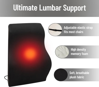 Mind Reader Heated Lumbar Support Cushion with Gentle Heat and Timer, Memory Foam Lower Back Pillow for Office Chair and Home Use, Black