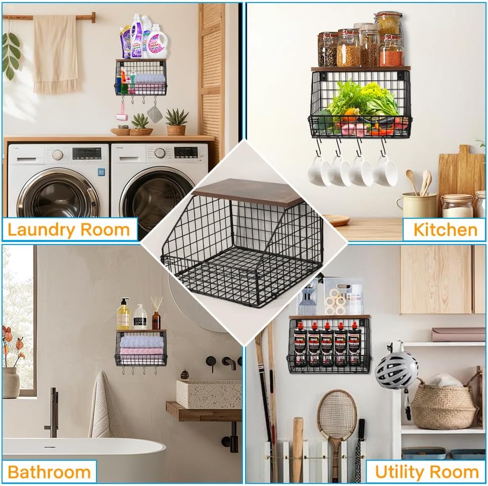 Picowe Laundry Room Shelves Wall Mounted, Metal Basket with Wood Lid (S) | Stackable & wall-mountable. Rust-resistant steel. Wooden top stores dryer sheets & lint rollers. Fits over washer/dryer.