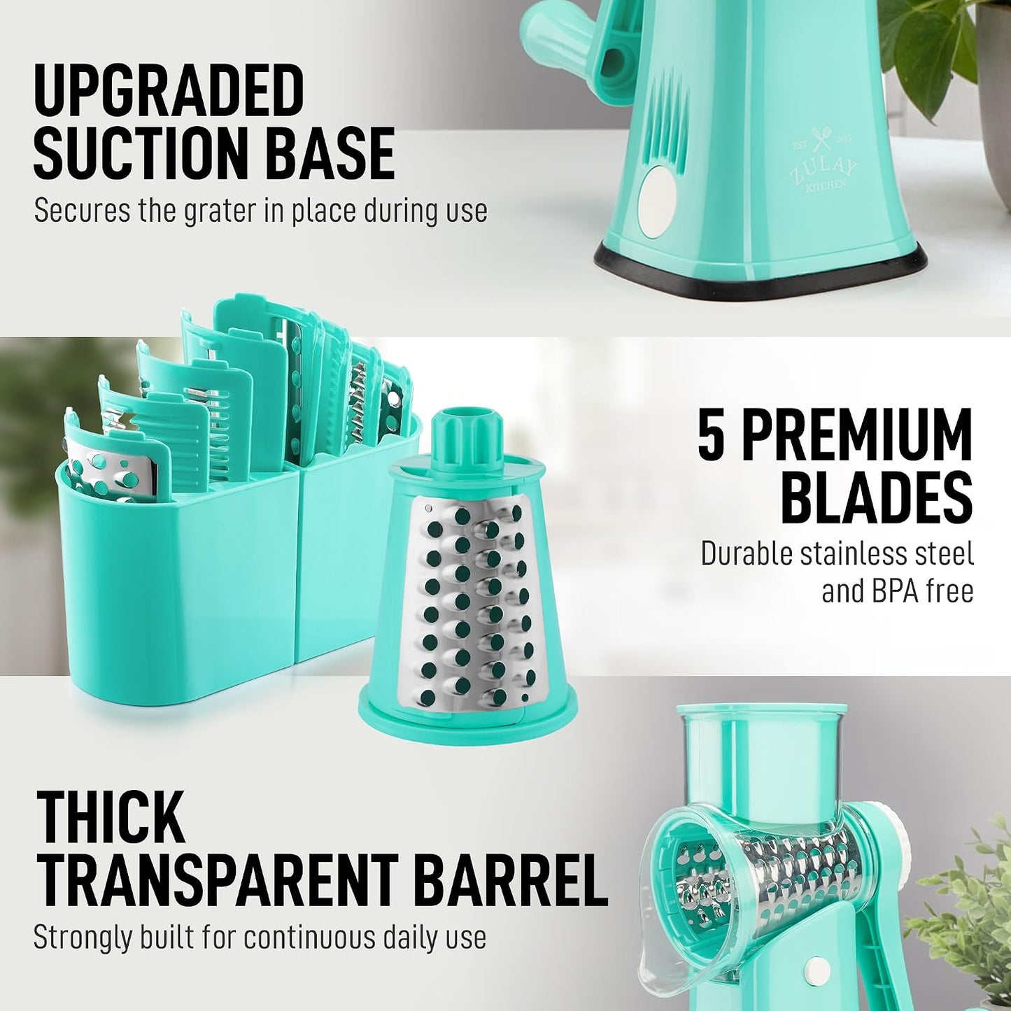 Zulay Kitchen Rotary Cheese Grater 5 Blade Cheese Shredder - Manual Hand Crank Cheese Grater With Reinforced Suction & 5 Interchangeable Drums - Easy to Use, Vegetable Chopper Round Mandoline Slicer - Colors B