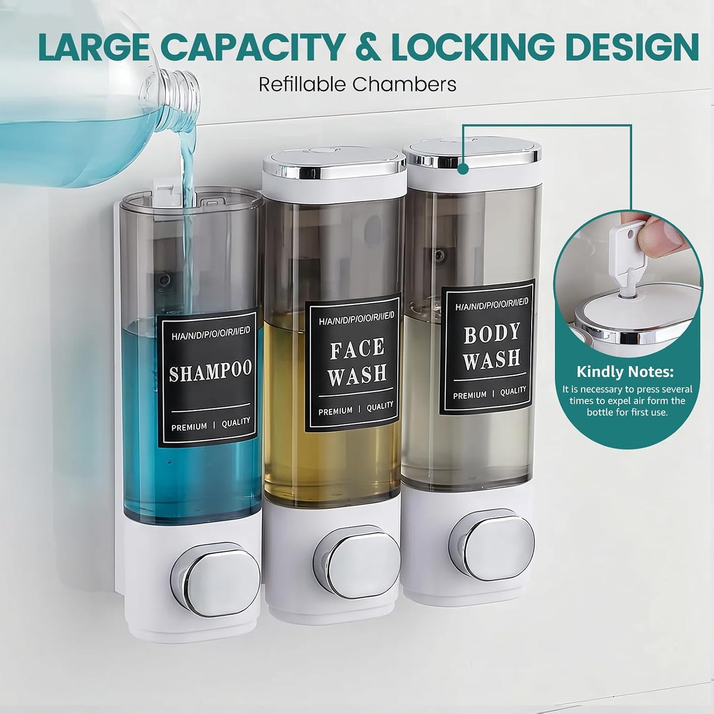 Wall Mounted Shower Soap Dispenser 3 Chamber,No Drill Shower Dispenser | Shampoo and Conditioner Dispenser for Bathroom Hotel Large Capacity, each 300ml with two waterproof labels,Gold